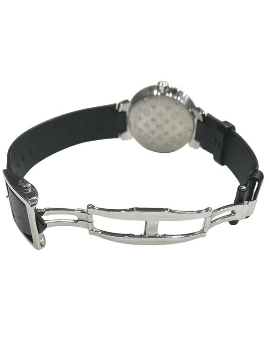 Louis Vuitton Tambour Watch SS Leather Quartz Silver Dial